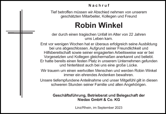 Traueranzeige von Robin Winkel von Rhein-Zeitung