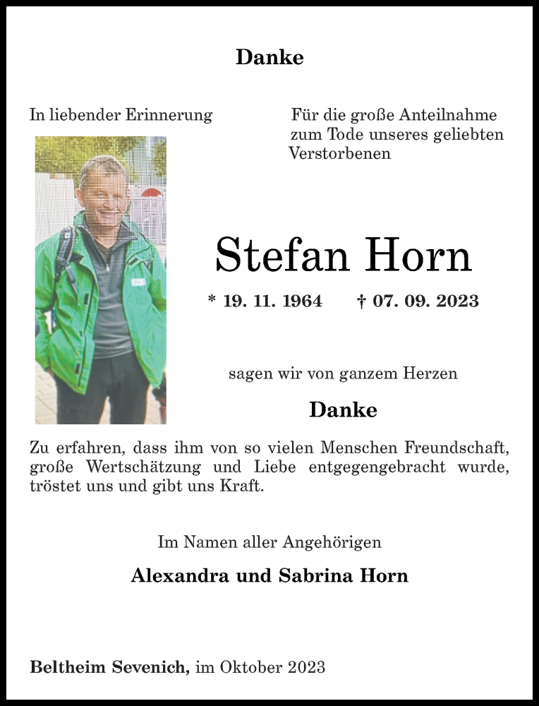  Traueranzeige für Stefan Horn vom 28.10.2023 aus Rhein-Hunsrück-Zeitung