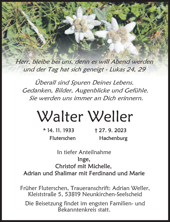 Traueranzeige von Walter Weller von Rhein-Zeitung