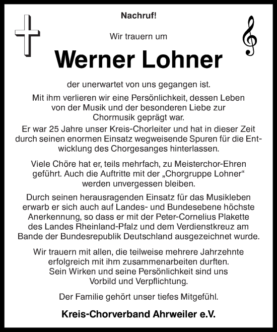 Traueranzeige von Werner Lohner von Rhein-Zeitung
