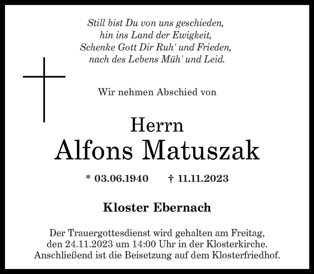  Traueranzeige für Alfons Matuszak vom 21.11.2023 aus Rhein-Zeitung