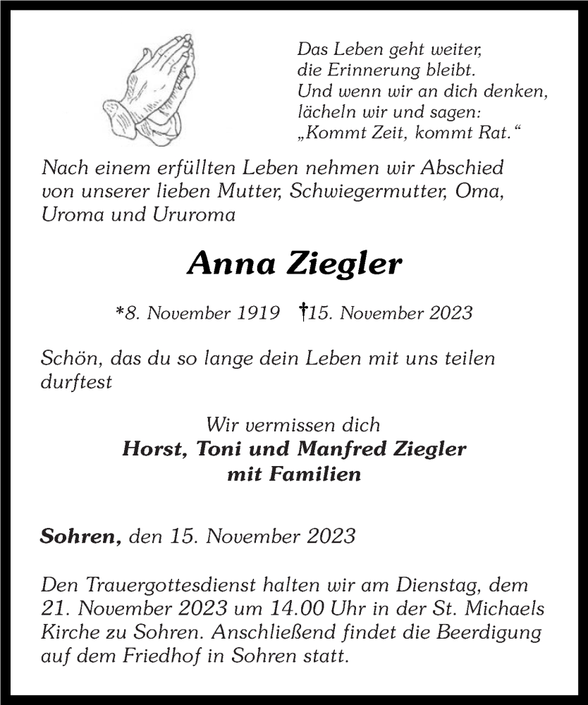  Traueranzeige für Anna Ziegler vom 18.11.2023 aus Rhein-Hunsrück-Zeitung
