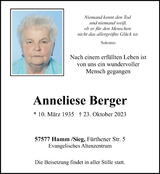 Traueranzeige von Anneliese Berger von Rhein-Zeitung
