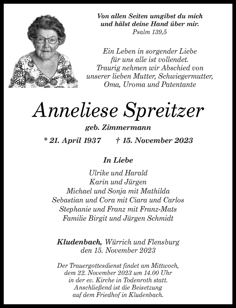  Traueranzeige für Anneliese Spreitzer vom 18.11.2023 aus Rhein-Hunsrück-Zeitung
