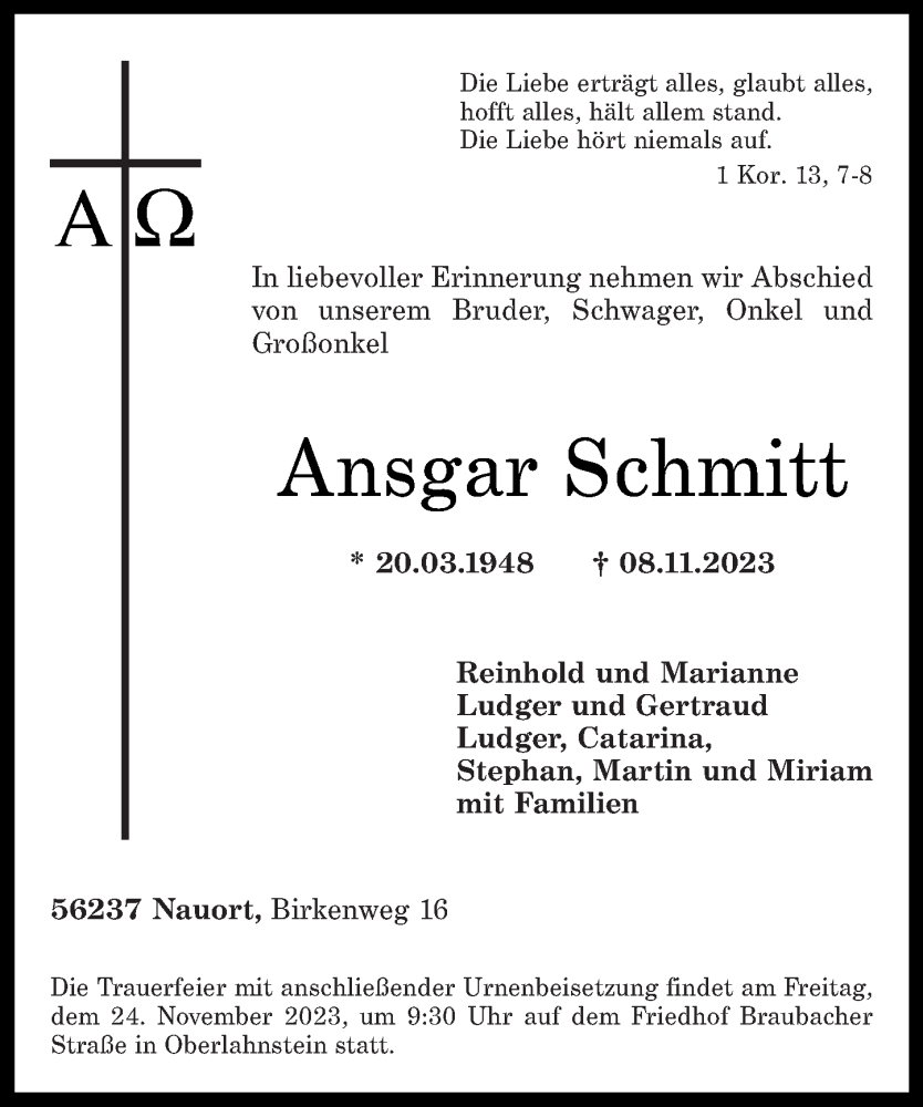  Traueranzeige für Ansgar Schmitt vom 18.11.2023 aus Rhein-Lahn-Zeitung