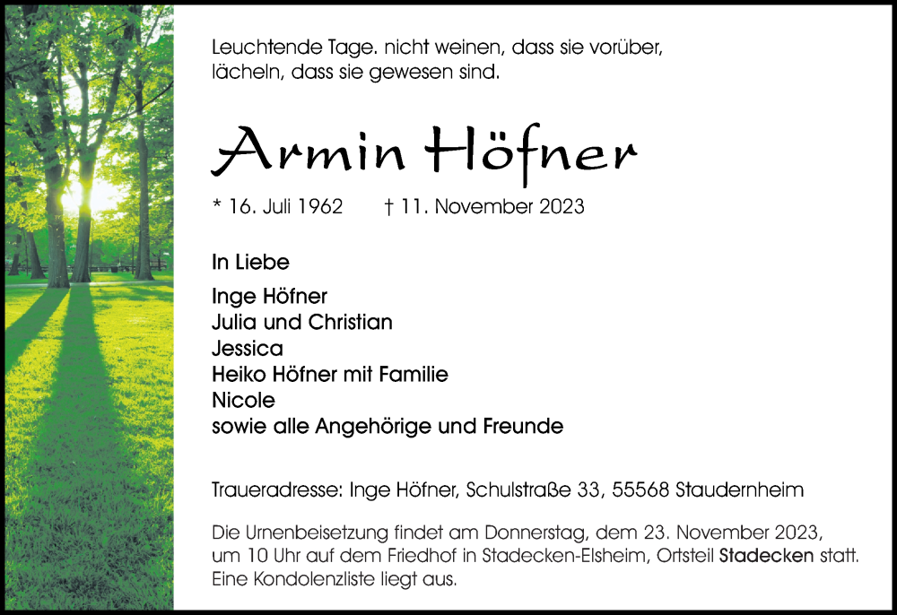  Traueranzeige für Armin Höfner vom 18.11.2023 aus Oeffentlicher Anzeiger