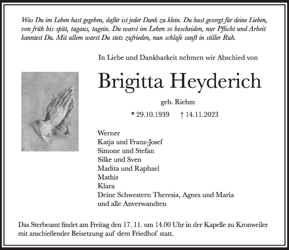  Traueranzeige für Brigitta Heyderich vom 17.11.2023 aus Nahe-Zeitung