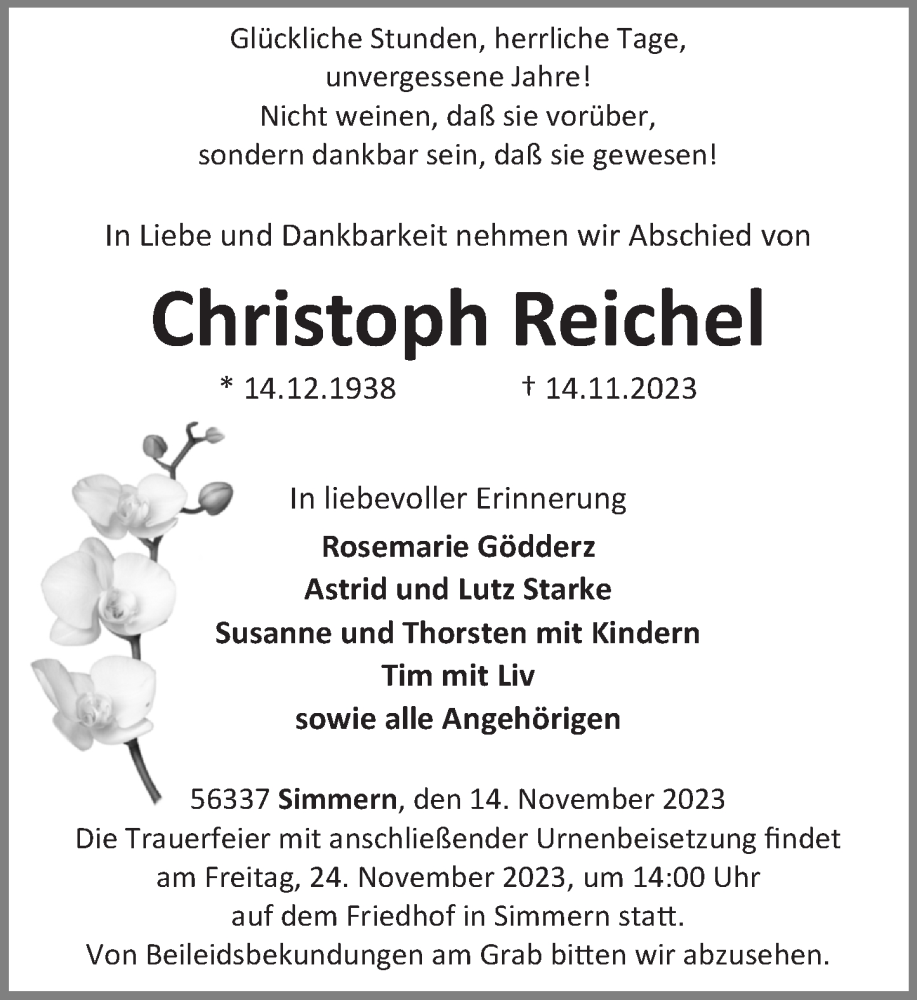  Traueranzeige für Christoph Reichel vom 18.11.2023 aus Rhein-Zeitung, Westerwälder Zeitung
