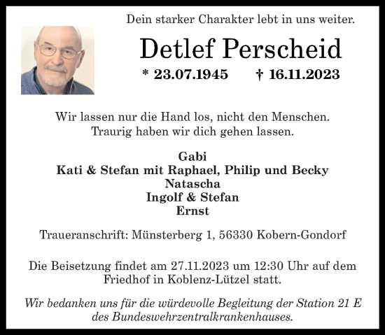 Traueranzeige von Detlef Perscheid von Rhein-Zeitung