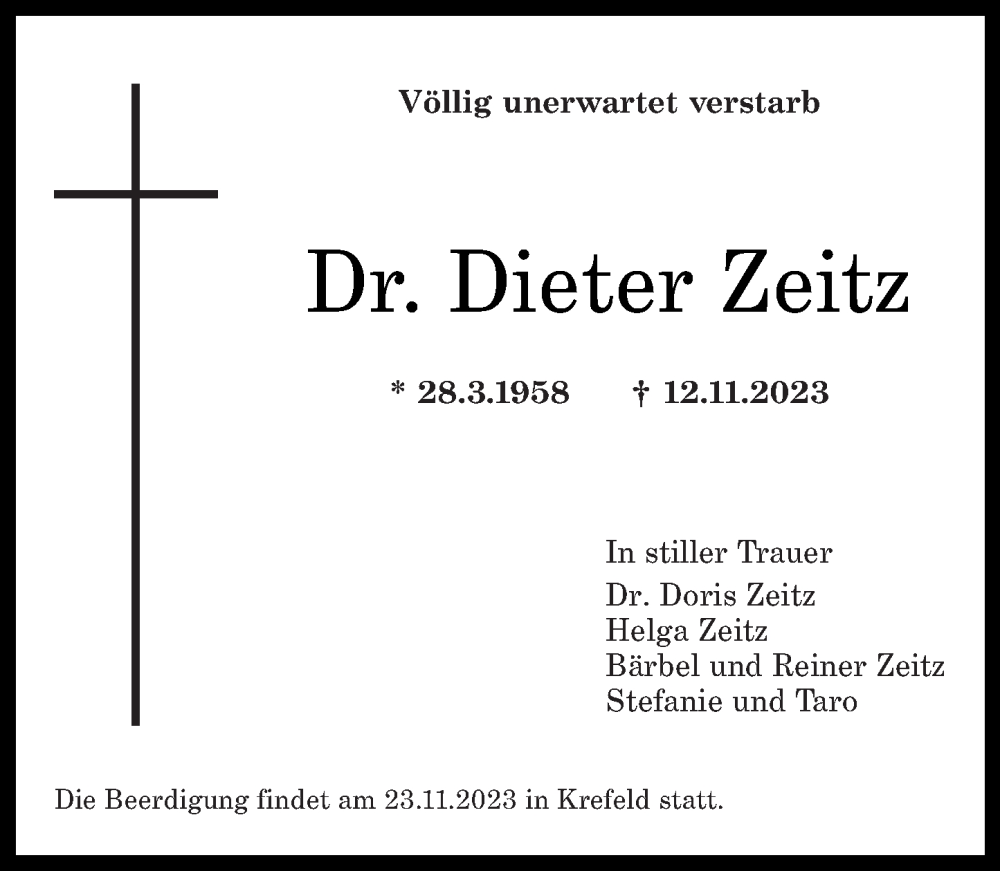  Traueranzeige für Dieter Zeitz vom 21.11.2023 aus Rhein-Zeitung