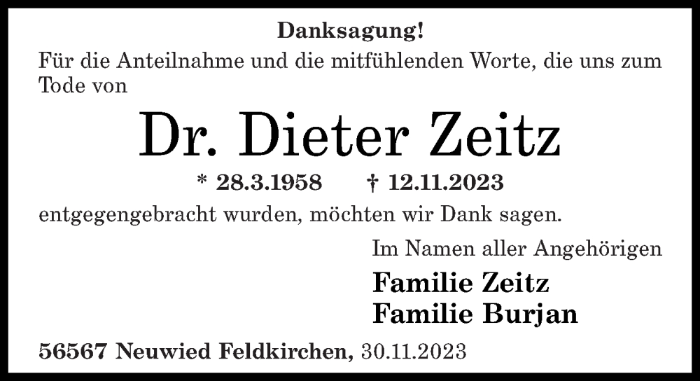  Traueranzeige für Dieter Zeitz vom 01.12.2023 aus Rhein-Zeitung
