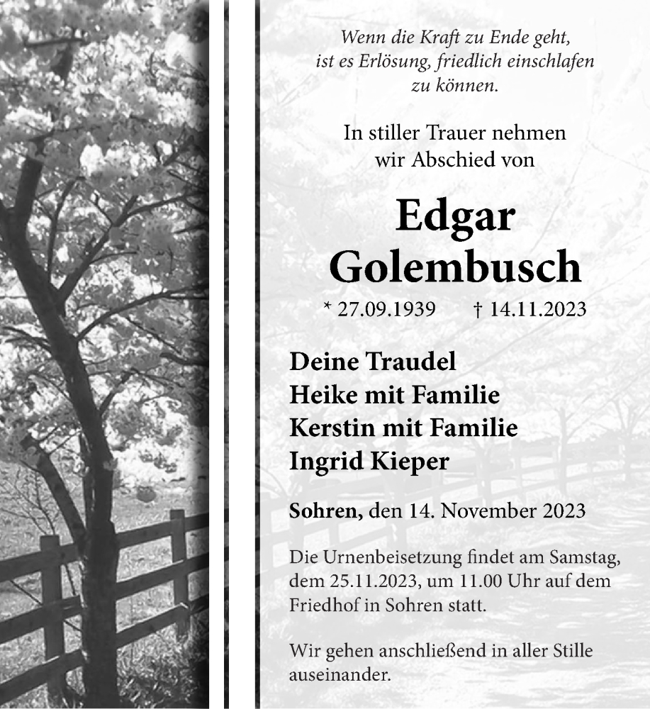  Traueranzeige für Edgar Golembusch vom 21.11.2023 aus Rhein-Hunsrück-Zeitung