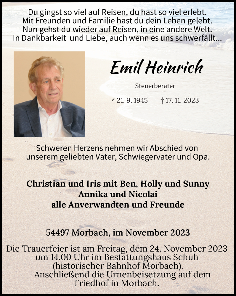  Traueranzeige für Emil Heinrich vom 21.11.2023 aus Nahe-Zeitung