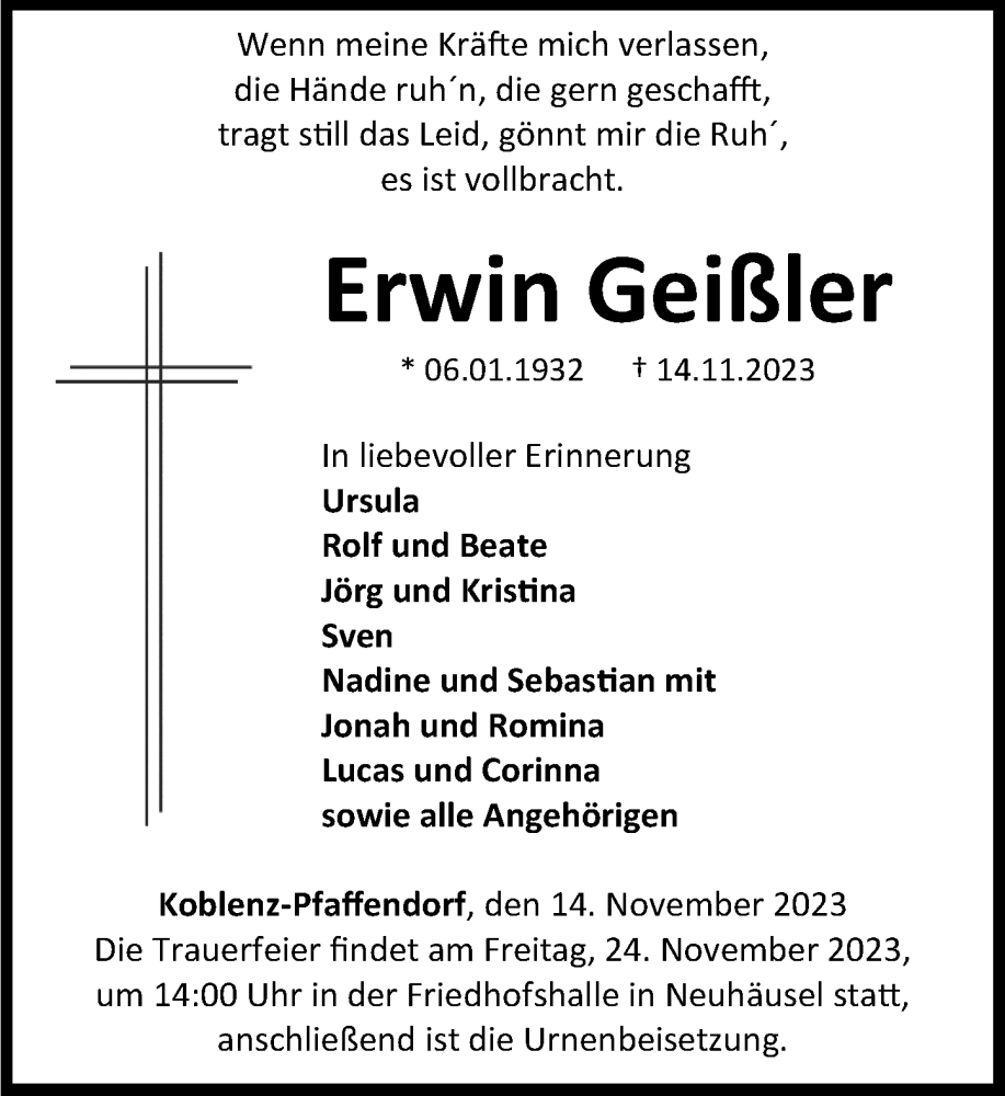  Traueranzeige für Erwin Geißler vom 18.11.2023 aus Rhein-Zeitung