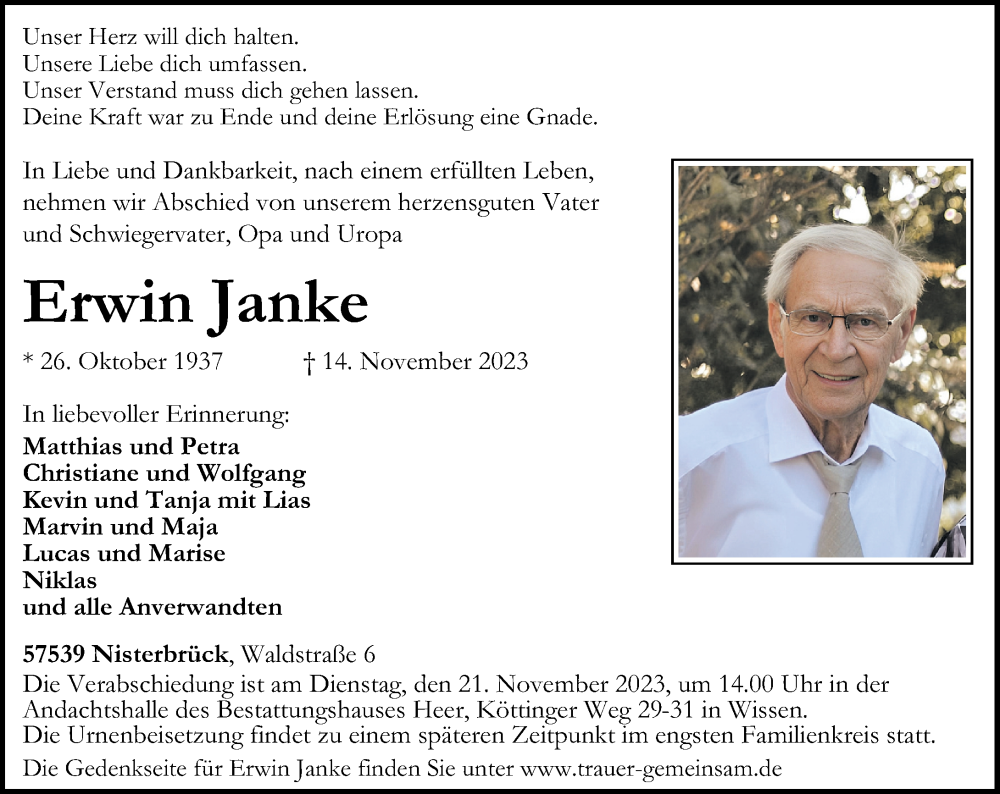  Traueranzeige für Erwin Janke vom 17.11.2023 aus Rhein-Zeitung