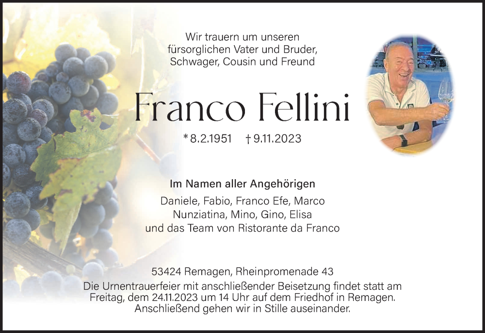  Traueranzeige für Franco Fellini vom 21.11.2023 aus Rhein-Zeitung