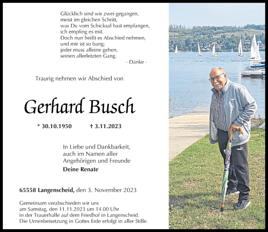 Traueranzeige von Gerhard Busch von Rhein-Lahn-Zeitung