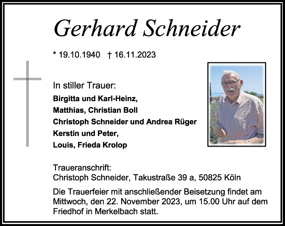  Traueranzeige für Gerhard Schneider vom 21.11.2023 aus Westerwälder Zeitung