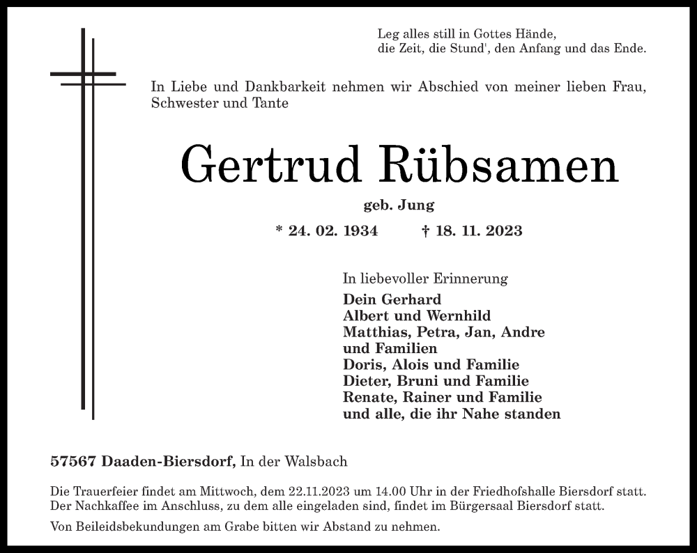  Traueranzeige für Gertrud Rübsamen vom 21.11.2023 aus Rhein-Zeitung