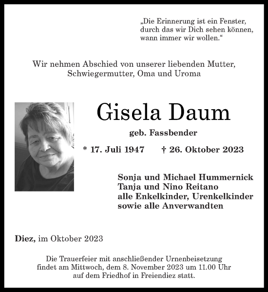 Traueranzeige von Gisela Daum von Rhein-Lahn-Zeitung