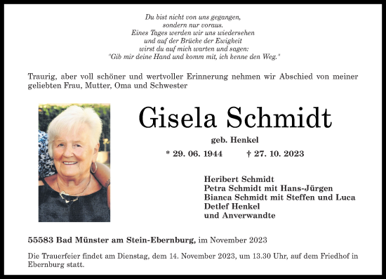 Traueranzeigen von Gisela Schmidt | rz-trauer.de