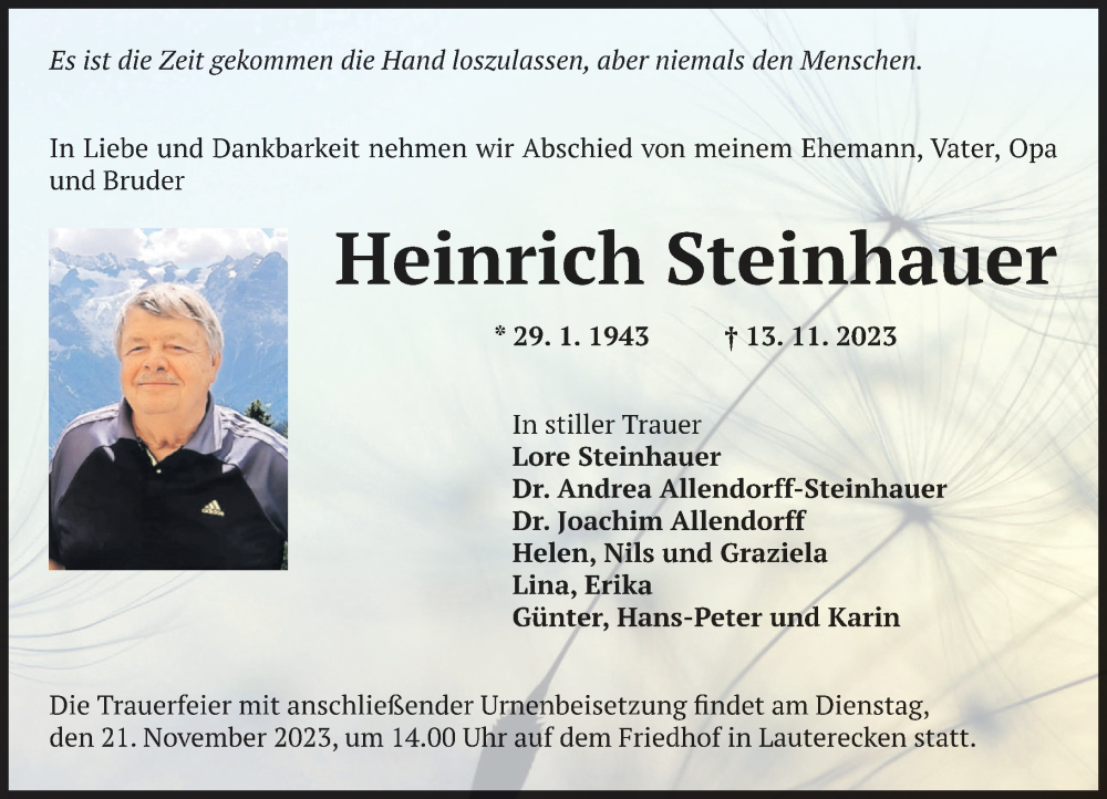  Traueranzeige für Heinrich Steinhauer vom 18.11.2023 aus Oeffentlicher Anzeiger