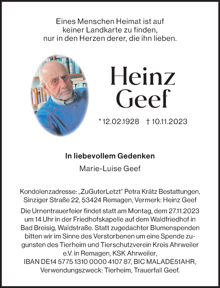  Traueranzeige für Heinz Geef vom 18.11.2023 aus Rhein-Zeitung