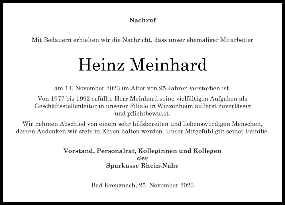  Traueranzeige für Heinz Meinhard vom 25.11.2023 aus Oeffentlicher Anzeiger