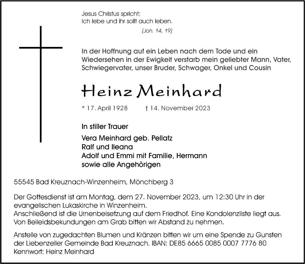 Traueranzeige für Heinz Meinhard vom 18.11.2023 aus Oeffentlicher Anzeiger