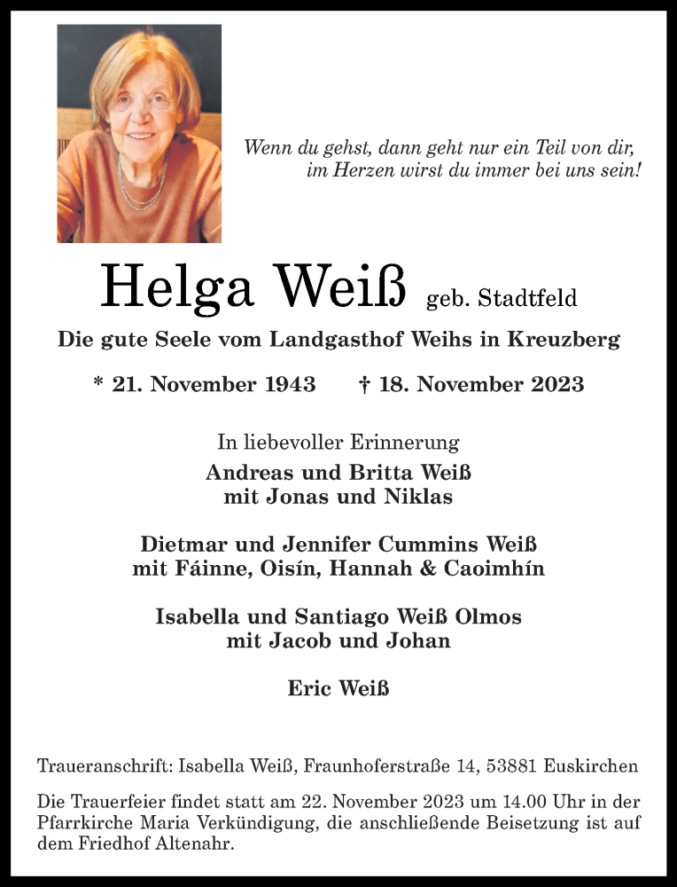  Traueranzeige für Helga Weiß vom 21.11.2023 aus Rhein-Zeitung