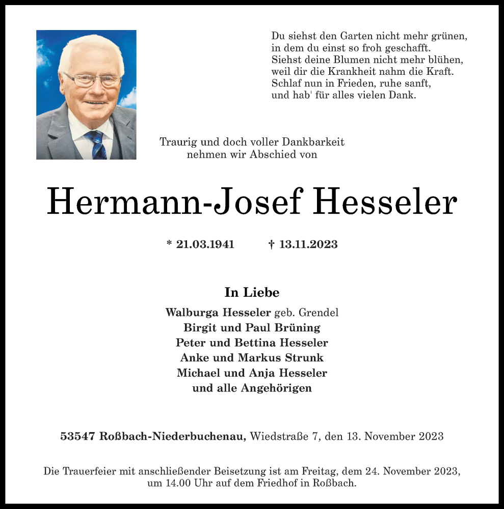  Traueranzeige für Hermann-Josef Hesseler vom 18.11.2023 aus Rhein-Zeitung