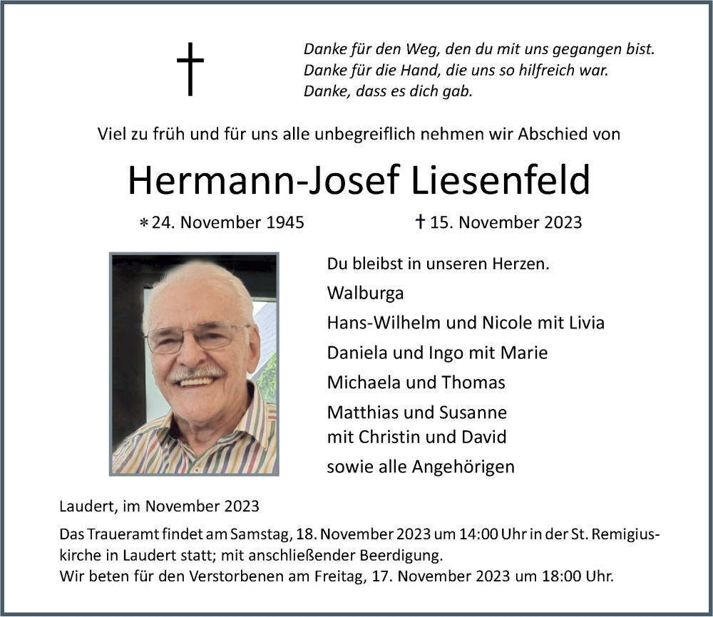  Traueranzeige für Hermann-Josef Liesenfeld vom 17.11.2023 aus Rhein-Hunsrück-Zeitung