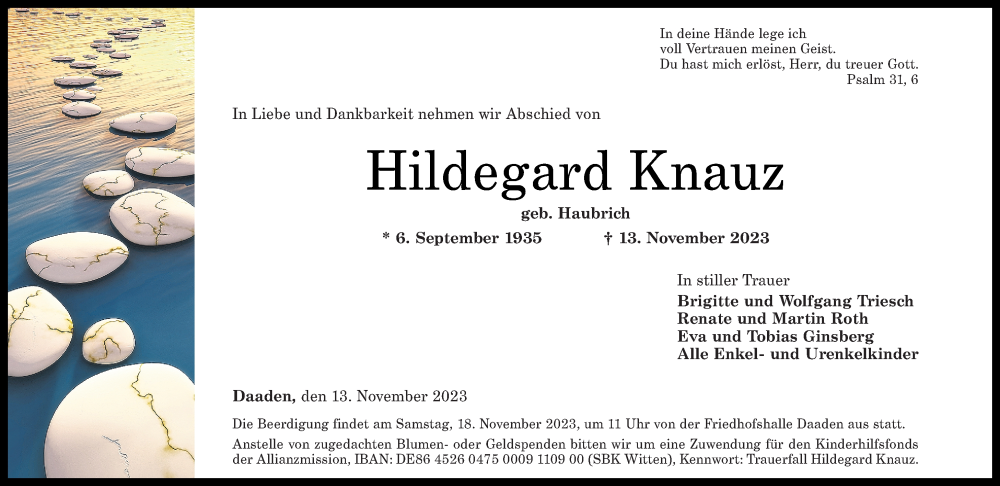  Traueranzeige für Hildegard Knauz vom 16.11.2023 aus Rhein-Zeitung