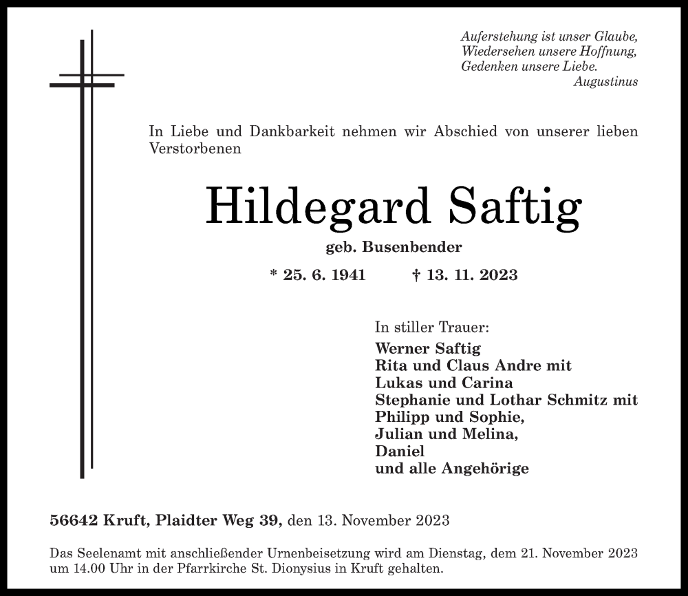  Traueranzeige für Hildegard Saftig vom 18.11.2023 aus Rhein-Zeitung