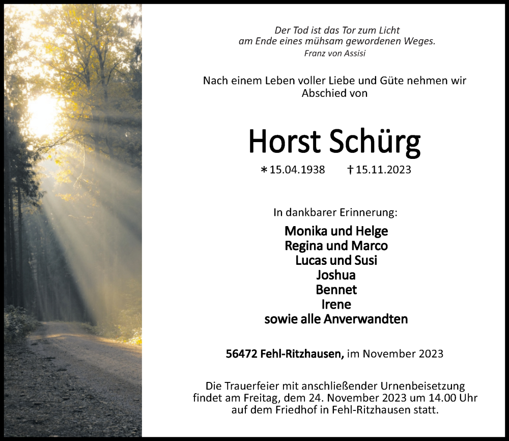  Traueranzeige für Horst Schürg vom 21.11.2023 aus Westerwälder Zeitung