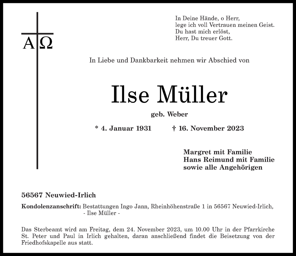  Traueranzeige für Ilse Müller vom 21.11.2023 aus Rhein-Zeitung