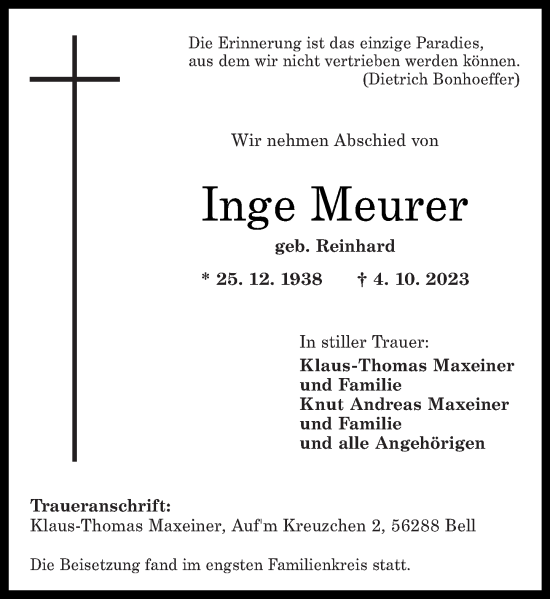 Traueranzeige von Inge Meurer von Rhein-Lahn-Zeitung