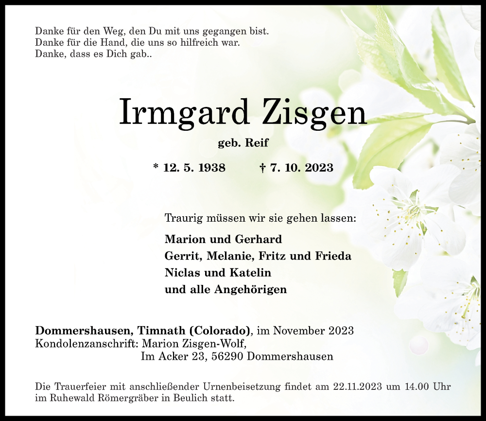  Traueranzeige für Irmgard Zisgen vom 21.11.2023 aus Rhein-Zeitung