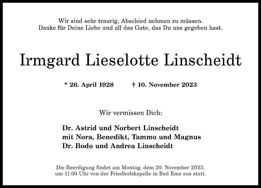  Traueranzeige für Irmgard Lieselotte Linscheidt vom 15.11.2023 aus Rhein-Lahn-Zeitung