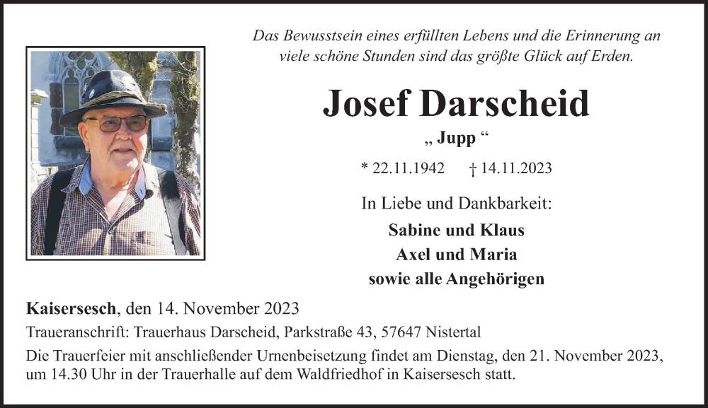  Traueranzeige für Josef Darscheid vom 18.11.2023 aus Rhein-Zeitung