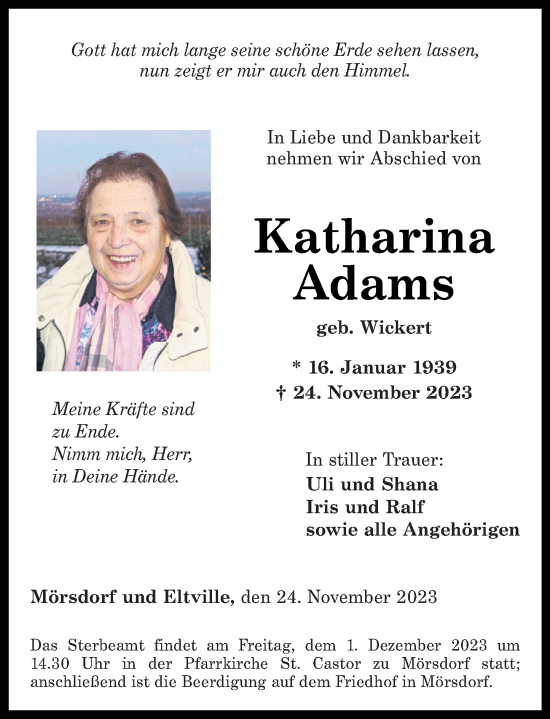 Traueranzeige von Katharina Adams von Rhein-Hunsrück-Zeitung