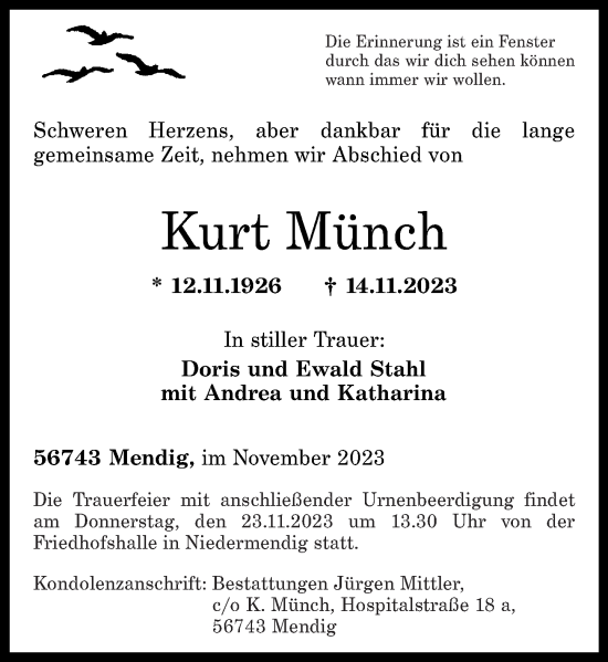 Traueranzeige von Kurt Münch von Rhein-Zeitung