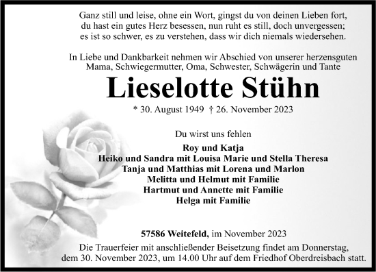 Traueranzeige von Lieselotte Stühn von Rhein-Zeitung