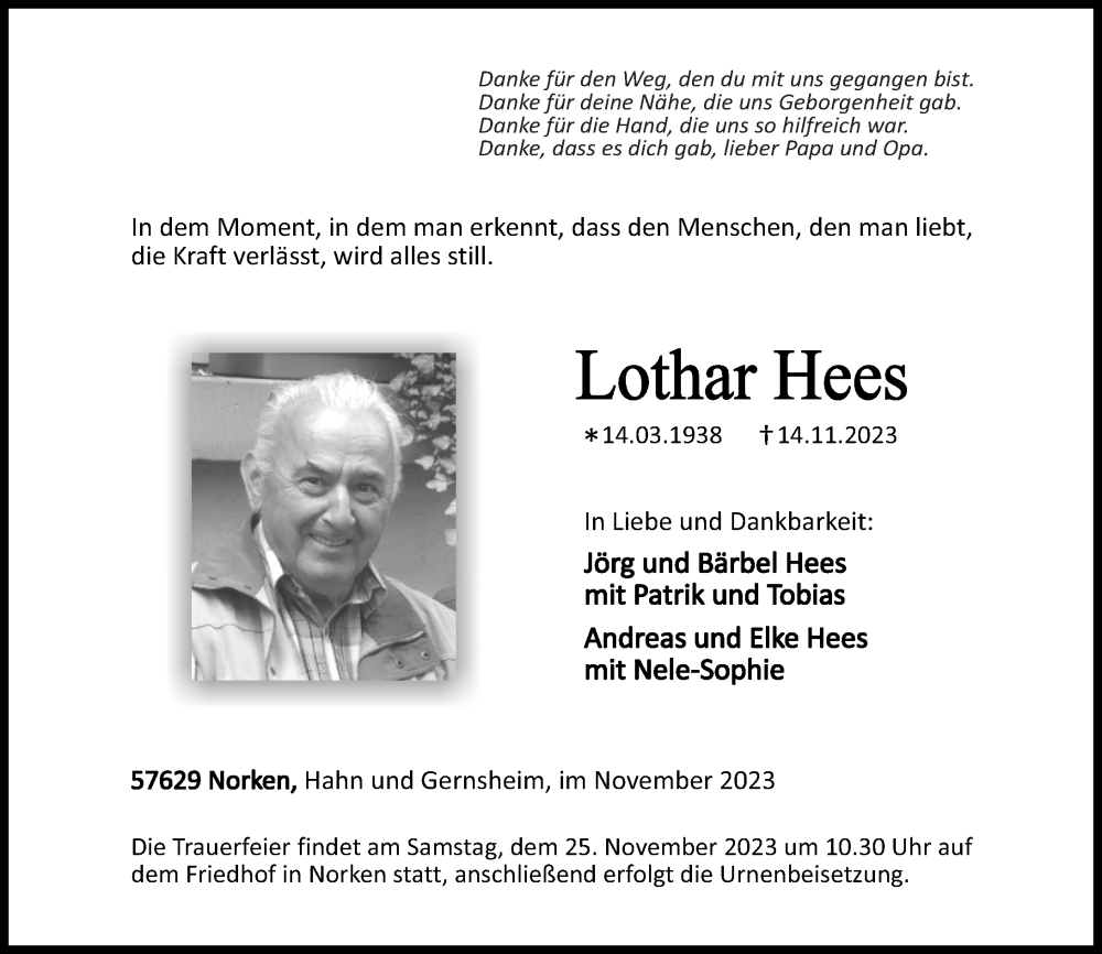  Traueranzeige für Lothar Hees vom 18.11.2023 aus Westerwälder Zeitung