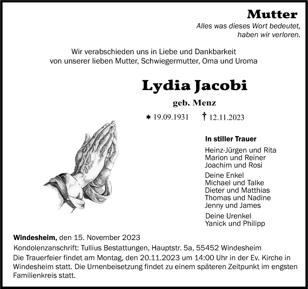  Traueranzeige für Lydia Jacobi vom 15.11.2023 aus Oeffentlicher Anzeiger