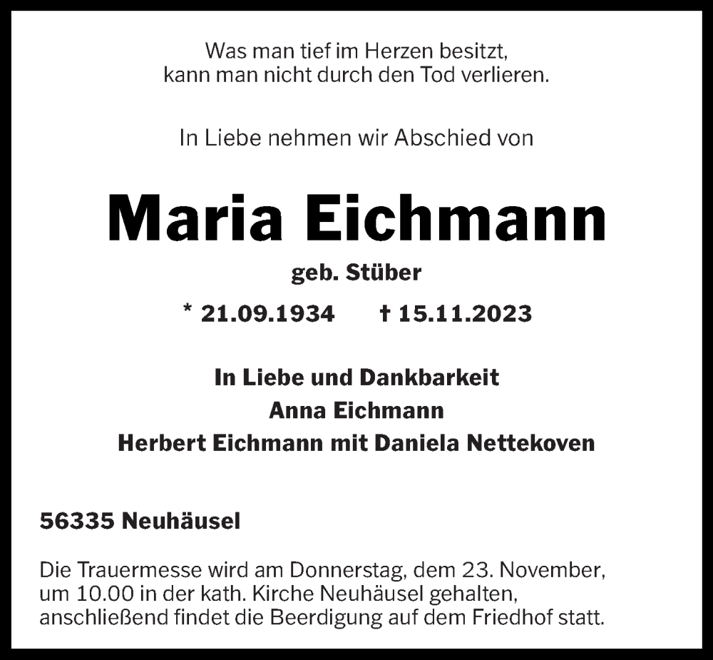  Traueranzeige für Maria Eichmann vom 18.11.2023 aus Rhein-Zeitung, Westerwälder Zeitung