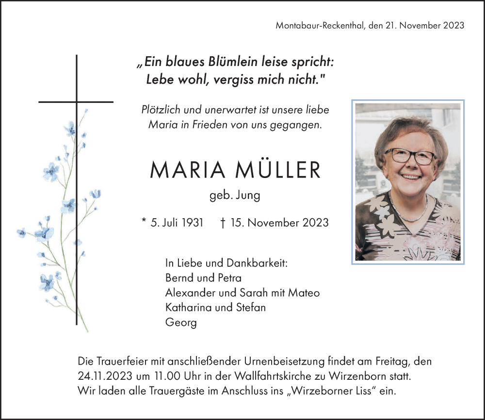  Traueranzeige für Maria Müller vom 21.11.2023 aus Westerwälder Zeitung