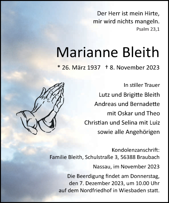 Traueranzeige von Marianne Bleith von Rhein-Lahn-Zeitung