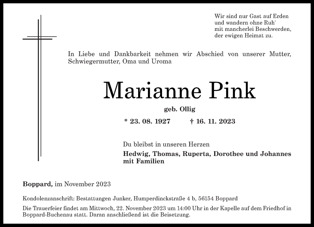  Traueranzeige für Marianne Pink vom 18.11.2023 aus Rhein-Zeitung