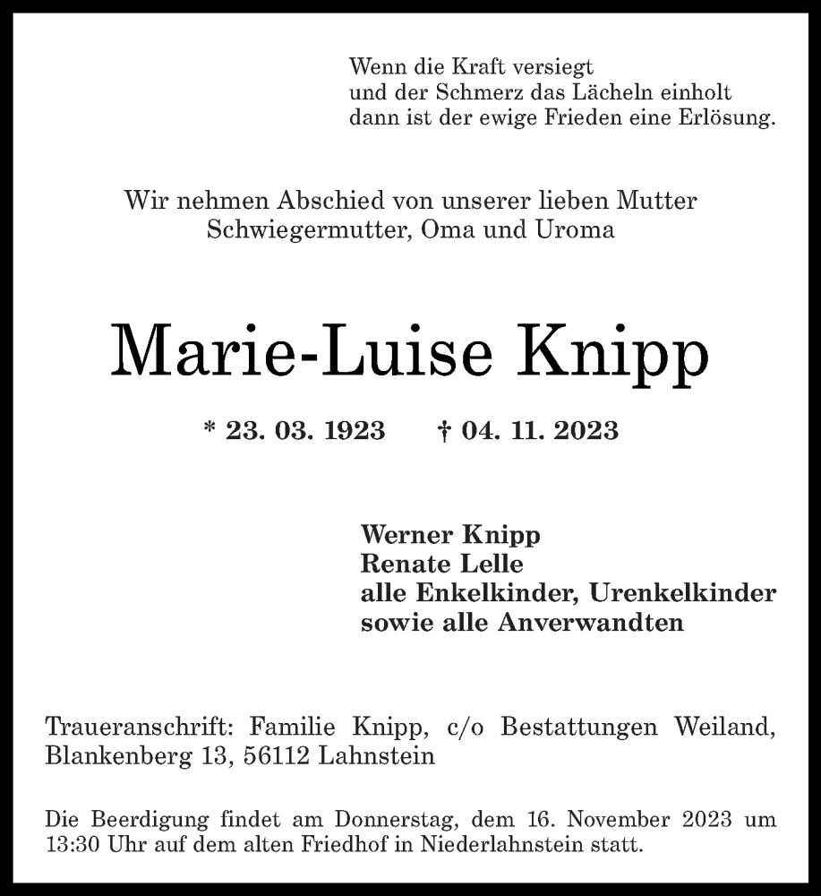  Traueranzeige für Marie-Luise Knipp vom 11.11.2023 aus Rhein-Lahn-Zeitung